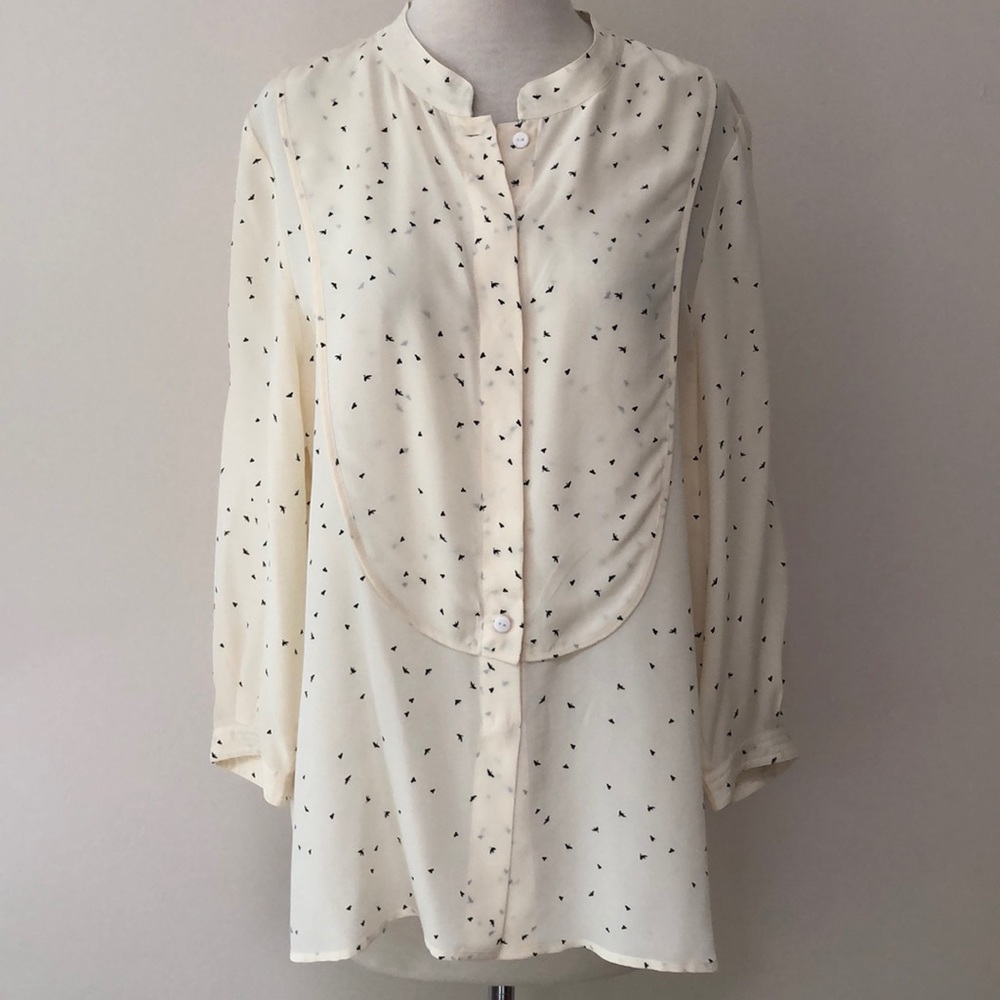 Tibi Silk Bird Print Cream Blouse